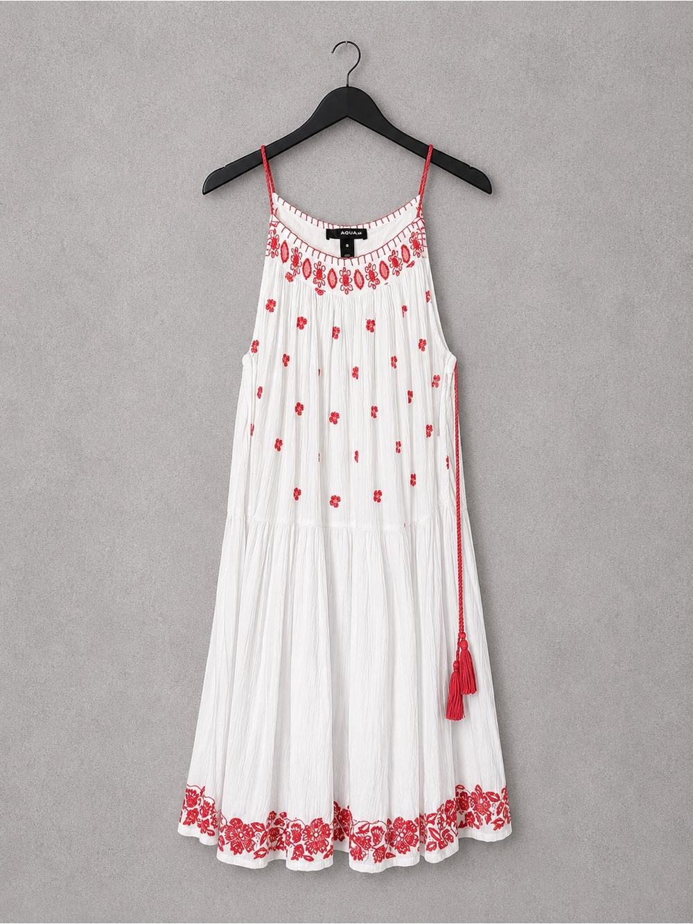 AQUA White Gauze Embroidered Midi Dress Red Floral Tassels Boho Size Small